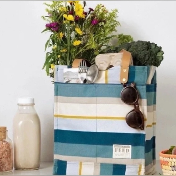 FEED Projects Brand Canvas Market Tote Bag Coastal Stripe-NWOT - Picture 3 of 8